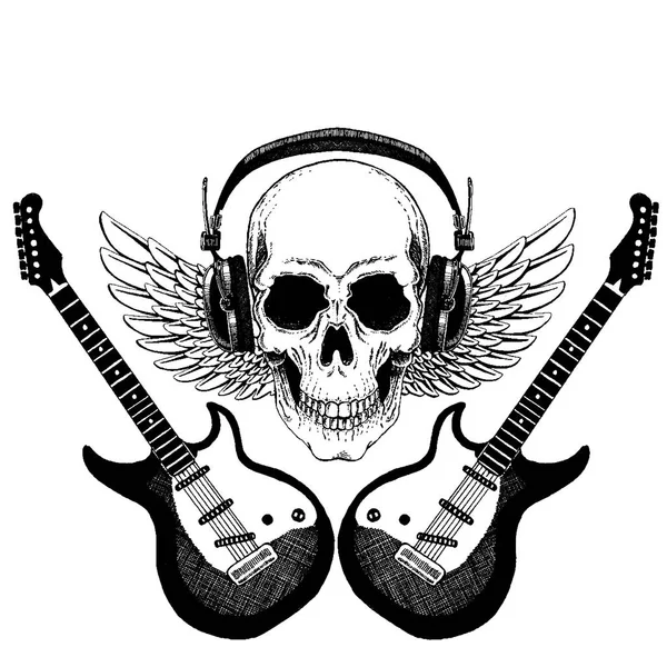 Crânio de música rock vetorial legal com fones de ouvido para t-shirt, emblema, logotipo, tatuagem, esboço, patch —  Vetores de Stock