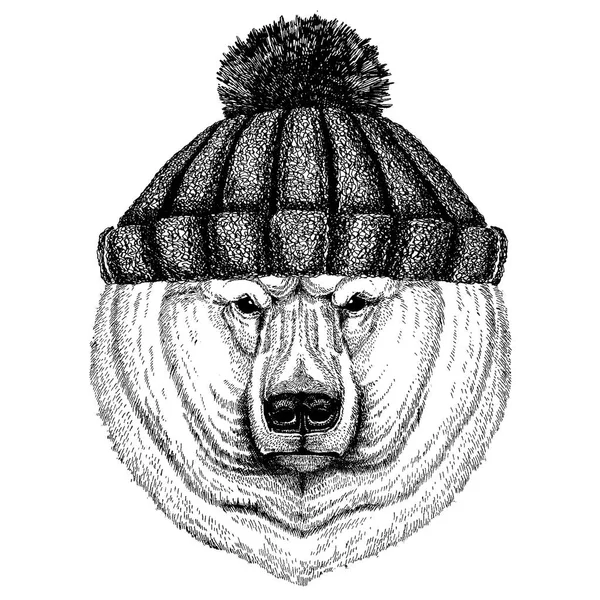 Urso polar grande, urso branco Animal fresco usando chapéu de inverno de malha. Gorro de Natal de gorro de cobertura para a cabeça quente para tatuagem, t-shirt, emblema, emblema, logotipo, patch — Vetor de Stock