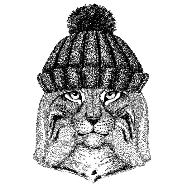 Άγρια γάτα Lynx Bobcat Trot Δροσερό ζώο φορώντας πλεκτό καπέλο χειμώνα. Χριστουγεννιάτικο καπέλο για τατουάζ, t-shirt, έμβλημα, σήμα, λογότυπο, μπάλωμα — Διανυσματικό Αρχείο