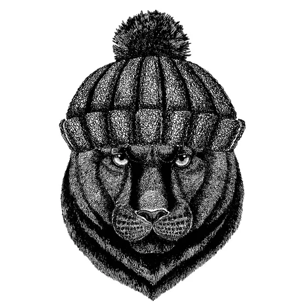 Pantera Puma Cougar Gato selvagem Animal legal vestindo chapéu de inverno de malha. Gorro de Natal de gorro de cobertura para a cabeça quente para tatuagem, t-shirt, emblema, emblema, logotipo, patch — Vetor de Stock