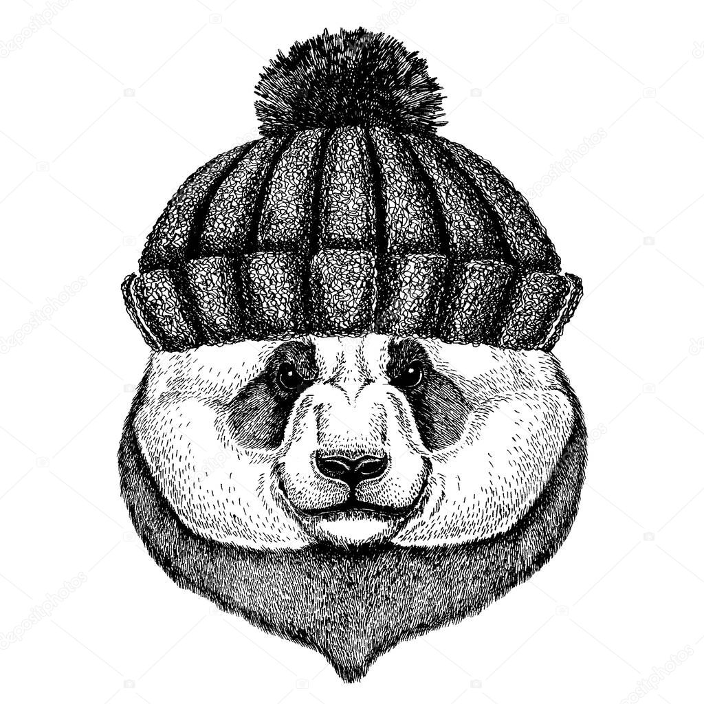 Cool animal wearing knitted winter hat. Warm headdress beanie Christmas cap for tattoo, t-shirt, emblem, badge, logo, patch