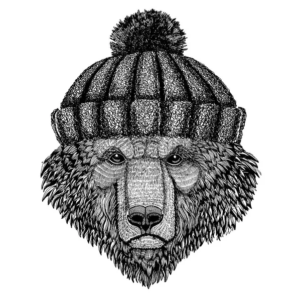 Cool animal wearing knitted winter hat. Warm headdress beanie Christmas cap for tattoo, t-shirt, emblem, badge, logo, patch — Stock Vector