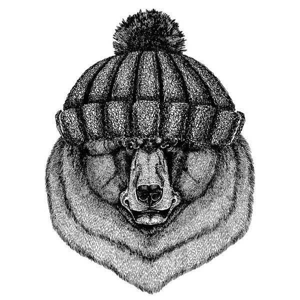 Urso preto Animal legal vestindo chapéu de inverno de malha. Gorro de Natal de gorro de cobertura para a cabeça quente para tatuagem, t-shirt, emblema, emblema, logotipo, patch — Vetor de Stock