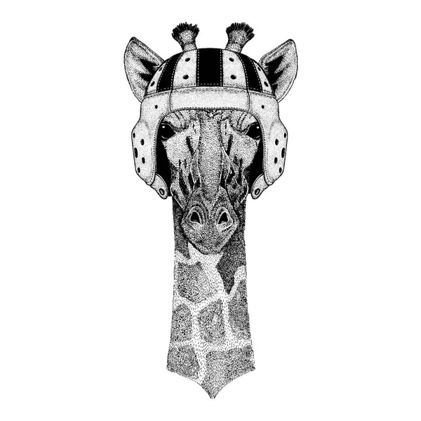 Cooles Tier mit Rugbyhelm Extremsport Kamelopard, Giraffe handgezeichnetes Bild für Tätowierung, Emblem, Abzeichen, Logo, Aufnäher — Stockvektor