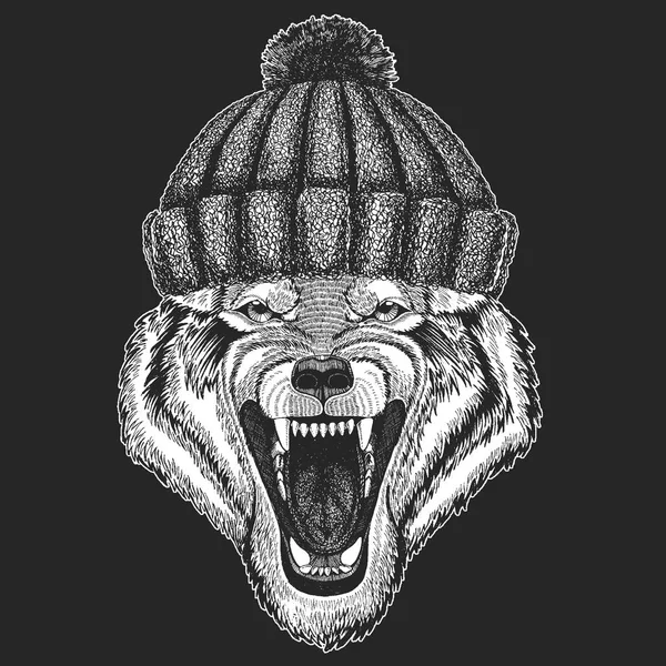 Aranyos állat viselése kötött téli kalap Zebra ló kézzel rajzolt ábrán tetoválás, jelkép, jelvény, embléma, javítás — Stock Vector