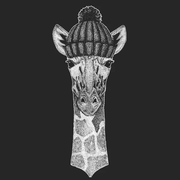 Mignon animal portant un chapeau d'hiver tricoté Camelopard, girafe Image dessinée à la main pour tatouage, emblème, insigne, logo, patch — Image vectorielle