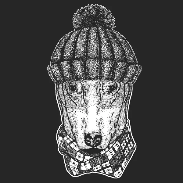 Lindo animal con sombrero de invierno de punto DOG para el diseño de la camiseta Ilustración dibujada a mano para tatuaje, emblema, insignia, logotipo, parche — Vector de stock