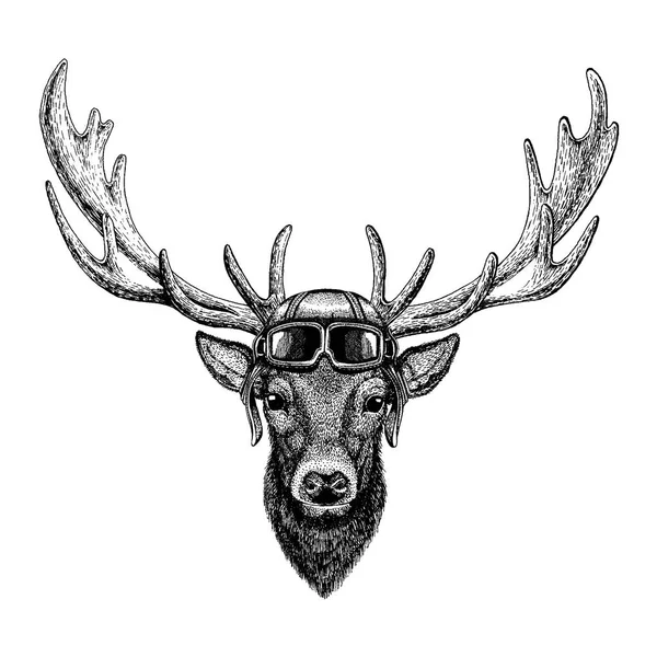 Animal con casco de aviador con gafas. Imagen vectorial. Ciervo Ilustración dibujada a mano para tatuaje, emblema, insignia, logotipo, parche, camiseta — Archivo Imágenes Vectoriales