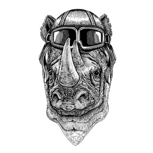 Animal wearing aviator helmet with glasses. Vector picture. Rhinoceros, rhino Hand drawn illustration for tattoo, emblem, badge, logo, patch, t-shirt — Stock Vector