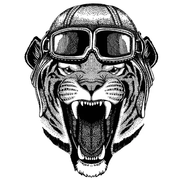 Dierlijke dragen vlieger helm met bril. Vector afbeelding. Wilde tijger Hand getrokken afbeelding voor tattoo, badge, embleem, logo, patch, t-shirt — Stockvector