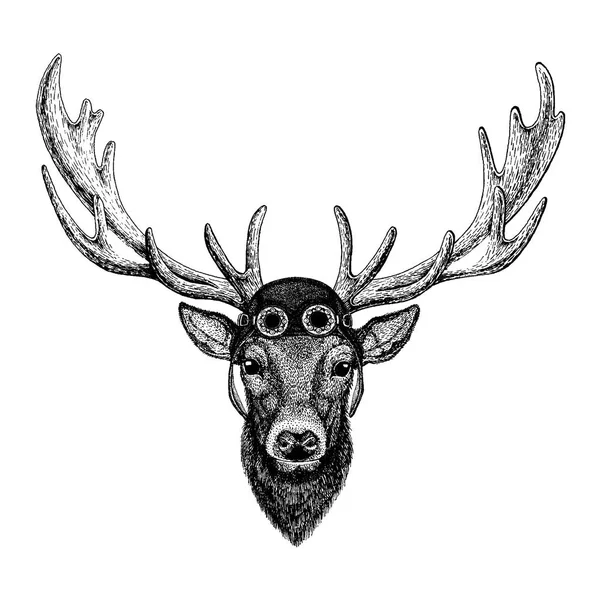 Niedliches Tier mit Motorrad, Fliegerhelm Hirsch handgezeichnete Illustration für Tätowierung, Emblem, Abzeichen, Logo, Aufnäher T-Shirt — Stockvektor