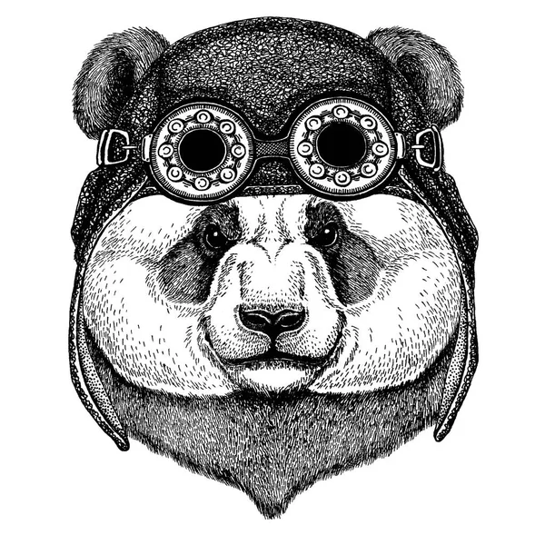 Панда ведмідь. Бамбуковий ведмідь. Симпатичні тварини в мотоциклі, авіаційний шолом Ручне зображення для татуювання, емблема, значок, логотип, патч, футболка — стоковий вектор