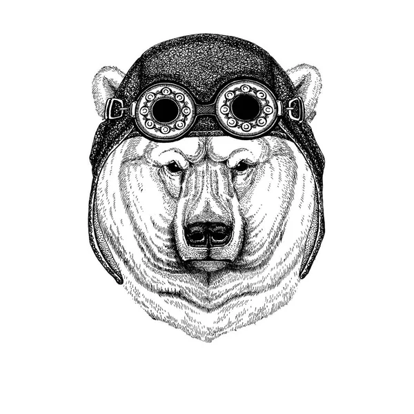 Animal bonito usando motocicleta, capacete aviador Urso polar grande, urso branco ilustração desenhada à mão para tatuagem, t-shirt, emblema, distintivo, logotipo, patch —  Vetores de Stock