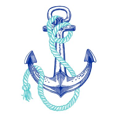 Vektör çapa. Deniz, okyanus, denizci işareti. T-shirt, logo, rozet, amblem için vintage illüstrasyon el çekilmiş.