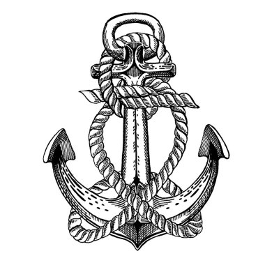 Vektör çapa. Deniz, okyanus, denizci işareti. T-shirt, logo, rozet, amblem için vintage illüstrasyon el çekilmiş.