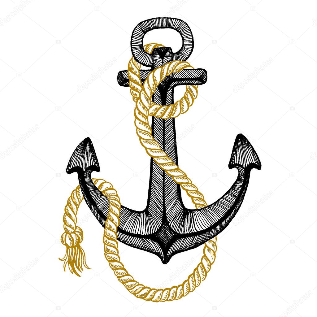 Vector anchor. Sea, ocean, sailor sign. Hand drawn vintage illustration for t-shirt, logo, badge, emblem.