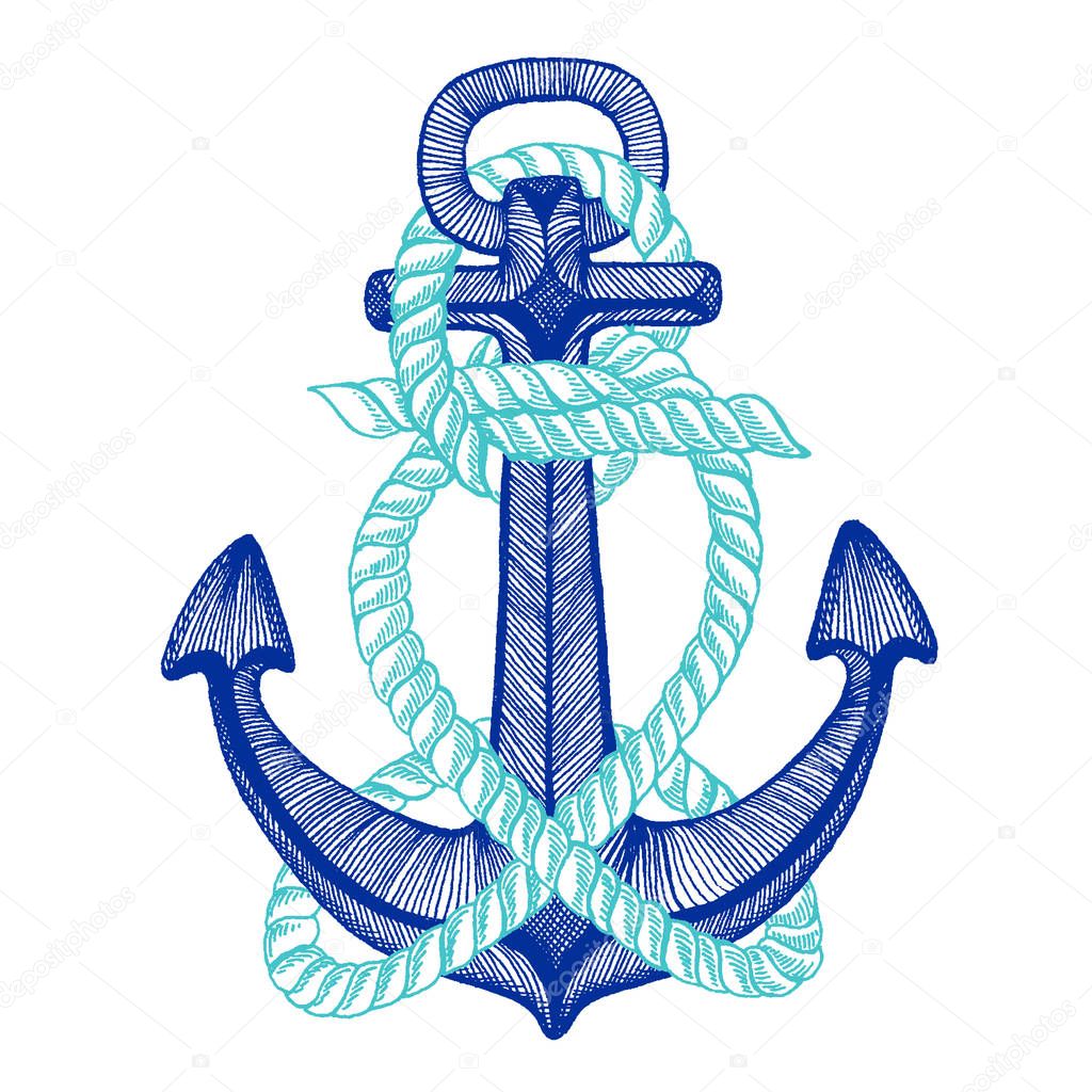 Vector anchor. Sea, ocean, sailor sign. Hand drawn vintage illustration for t-shirt, logo, badge, emblem.