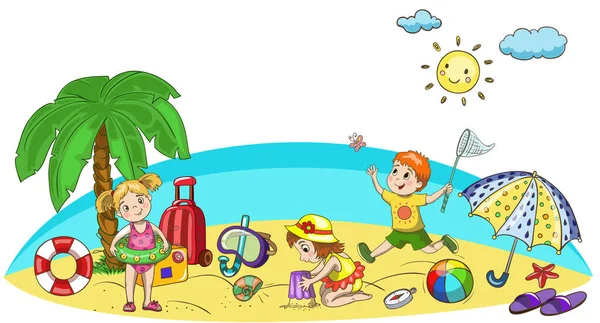 Niños jugando en la playa. Niños y niñas divirtiéndose en la orilla del mar y el océano. Vacaciones de verano para niños con máscara vectorial, bola, sol, paraguas, sombrero, castillo de arena — Vector de stock