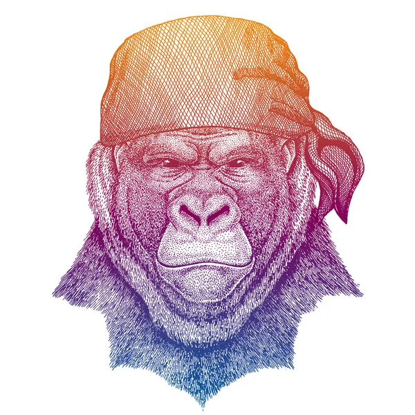 Gorilla, monkey, ape. Wild pirate or biker. Vector animal portrait. Sailor, motorcyclist. Print for children clothing, tee. Kids fashion. — Stock vektor