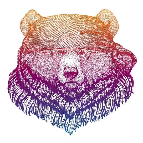Grizzly bear. Wild pirate or biker. Vector animal portrait. Sailor, motorcyclist. Print for children clothing, tee. Kids fashion. Royalty Free Stock Illustrations