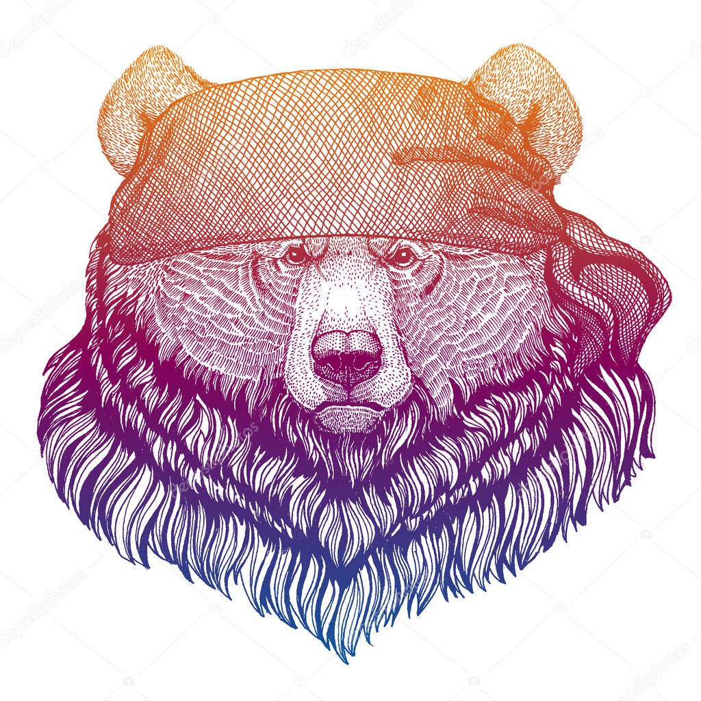 Wild pirate or biker. Vector animal portrait. Sailor, motorcyclist. Print for children clothing, tee. Kids fashion.