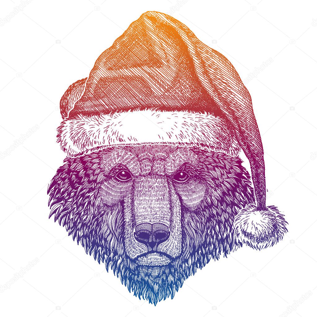 Bear. Vector animal wearing Santa Claus Christmas hat. Print for children. Kids illustration for posters, clothes, party invitations.