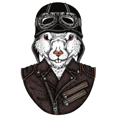 Bisikletli, motosikletli. Fare portresi. Deri bir kaskla. Motosiklet sembolü Çin mutlu yeni yıl 2020. Rock 'çı için hediye.