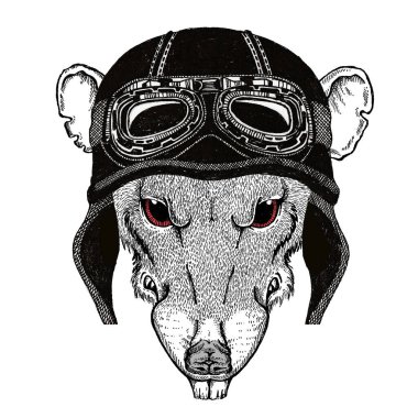 Bisikletli, motosikletli. Fare portresi. Deri bir kaskla. Motosiklet sembolü Çin mutlu yeni yıl 2020. Rock 'çı için hediye.