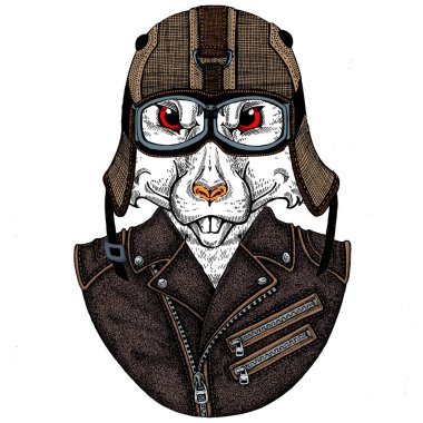 Bisikletli, motosikletli. Fare portresi. Deri bir kaskla. Motosiklet sembolü Çin mutlu yeni yıl 2020. Rock 'çı için hediye.