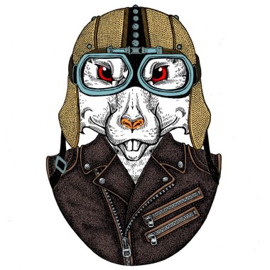 Bisikletli, motosikletli. Fare portresi. Deri bir kaskla. Motosiklet sembolü Çin mutlu yeni yıl 2020. Rock 'çı için hediye.