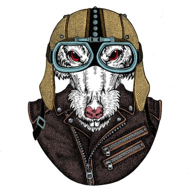 Bisikletli, motosikletli. Fare portresi. Deri bir kaskla. Motosiklet sembolü Çin mutlu yeni yıl 2020. Rock 'çı için hediye.