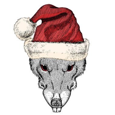 Noel Baba şapkası takan vahşi bir fare. Geleneksel Noel başlıklı bir hayvan. Çin 'in mutlu yeni yılı 2020.