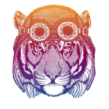 Yabani kaplan vintage havacı deri kask giyiyor. Retro tarzında görüntü. Uçan kulüp veya motosiklet bisikletçi amblemi. Vektör illüstrasyon, tee gömlek için baskı, rozet logo yama