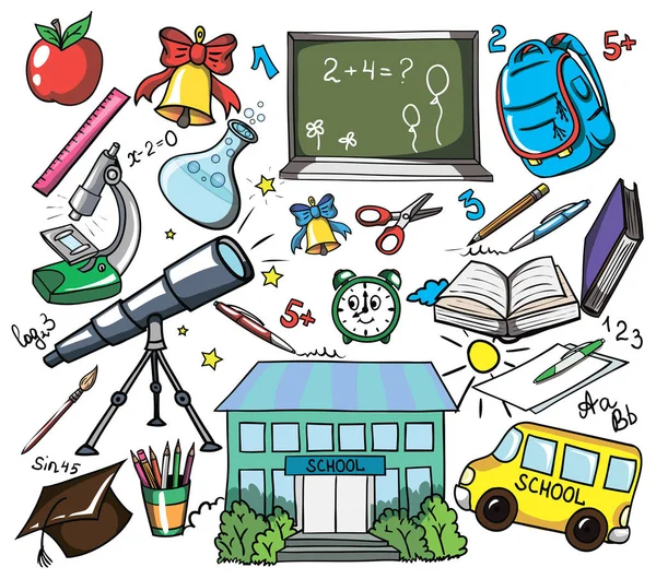 Набір вчителів. Книга, рюкзак, будильник, дзвінок. Шкільні векторні елементи для дітей . — стоковий вектор