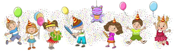 孩子们的生日派对 孩子们庆祝。 弹奏pinata. — 图库矢量图片