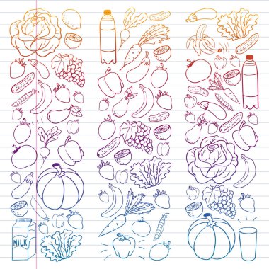 Sağlıklı gıda ile vektör deseni. Meyve ve sebzeler. Süt, süt ürünleri. Mağaza, alışveriş merkezi, menü, kafe, restoran için desen.