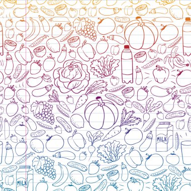 Sağlıklı gıda ile vektör deseni. Meyve ve sebzeler. Süt, süt ürünleri. Mağaza, alışveriş merkezi, menü, kafe, restoran için desen.