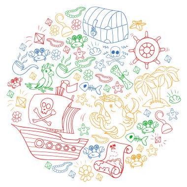 Vektör küçük çocuklar için doğum günü partisi için korsan unsurları ile ayarlayın. Ahtapot, plaj, hazine sandığı, gemi ile Çocuk desen