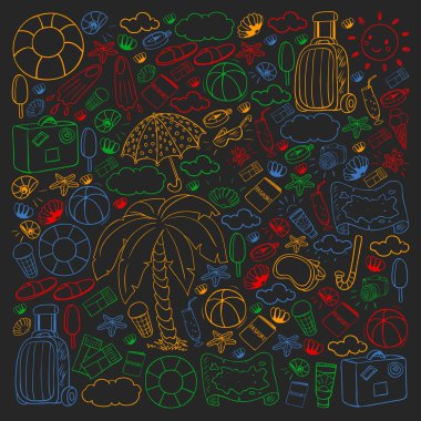 Vektör deseni. Yaz tatilleri. Seyahat ve maceralar. Plaj, okyanus, ada, güneş