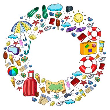 Vektör deseni. Yaz tatilleri. Seyahat ve maceralar. Plaj, okyanus, ada, güneş