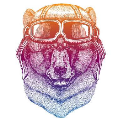 Kara ayı. Vahşi hayvan. Çocuklar için vektör moda illüstrasyonu. Motosikletli çocuk tişörtü, motosiklet sembolü.