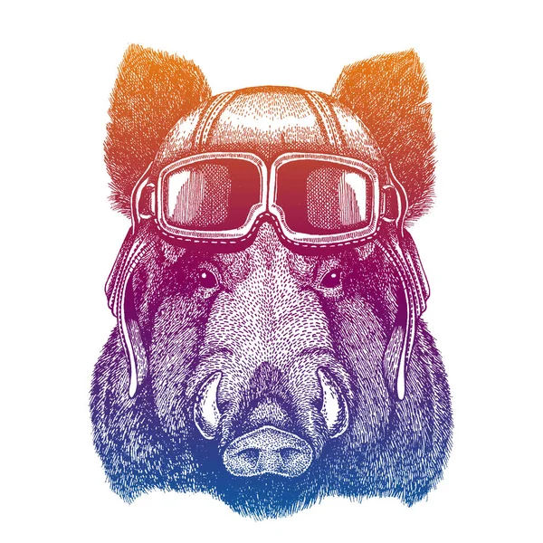 Wildschweine, Wildschweine, Wildschweine. Wildtier. Vektor Mode Illustration für Kinder. Kinder Hemdprint mit Biker, Motorrad-Symbol. — Stockvektor