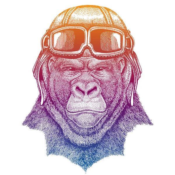 Gorilla, aap, aap. Wilde dieren. Vector mode illustratie voor kinderen. Overhemdprint voor kinderen met motorrijder, motorsymbool. — Stockvector