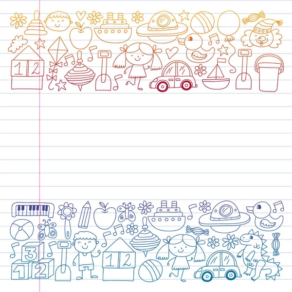 Robot, OVNI, alienígena, coche, avión. Patrón vectorial. Doodle estilo de dibujo de los niños. Niños en edad preescolar de kindergarten . — Vector de stock