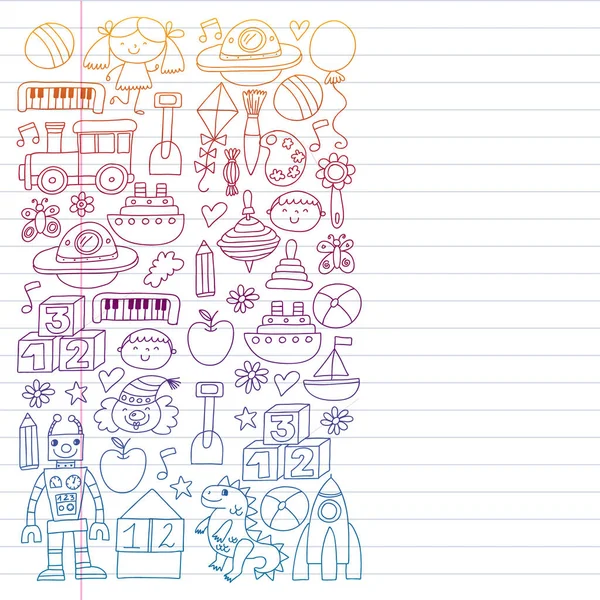 Robot, ufo, alien, car, airplane. Vector pattern. Doodle kids drawing style. Kindergarten preschool school children. — Stock Vector