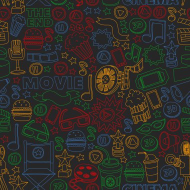 Film, sinema seti. Vektör simgeleri ile şablon karalama arkaplanı.