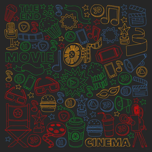 Cine, plató de cine. Patrón doodle fondo con iconos vectoriales . — Archivo Imágenes Vectoriales