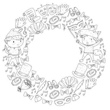 Sahnede Sahne alan Bir Çocuğun İmajı. Çocuklu tiyatro. Renk sayfası.