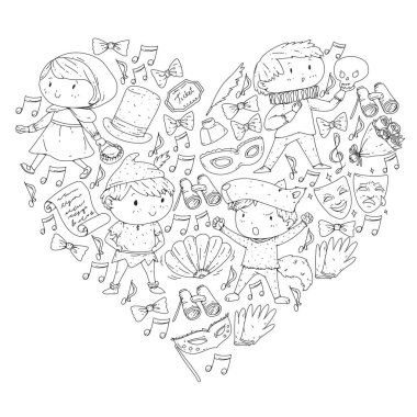 Sahnede Sahne alan Bir Çocuğun İmajı. Çocuklu tiyatro. Renk sayfası.