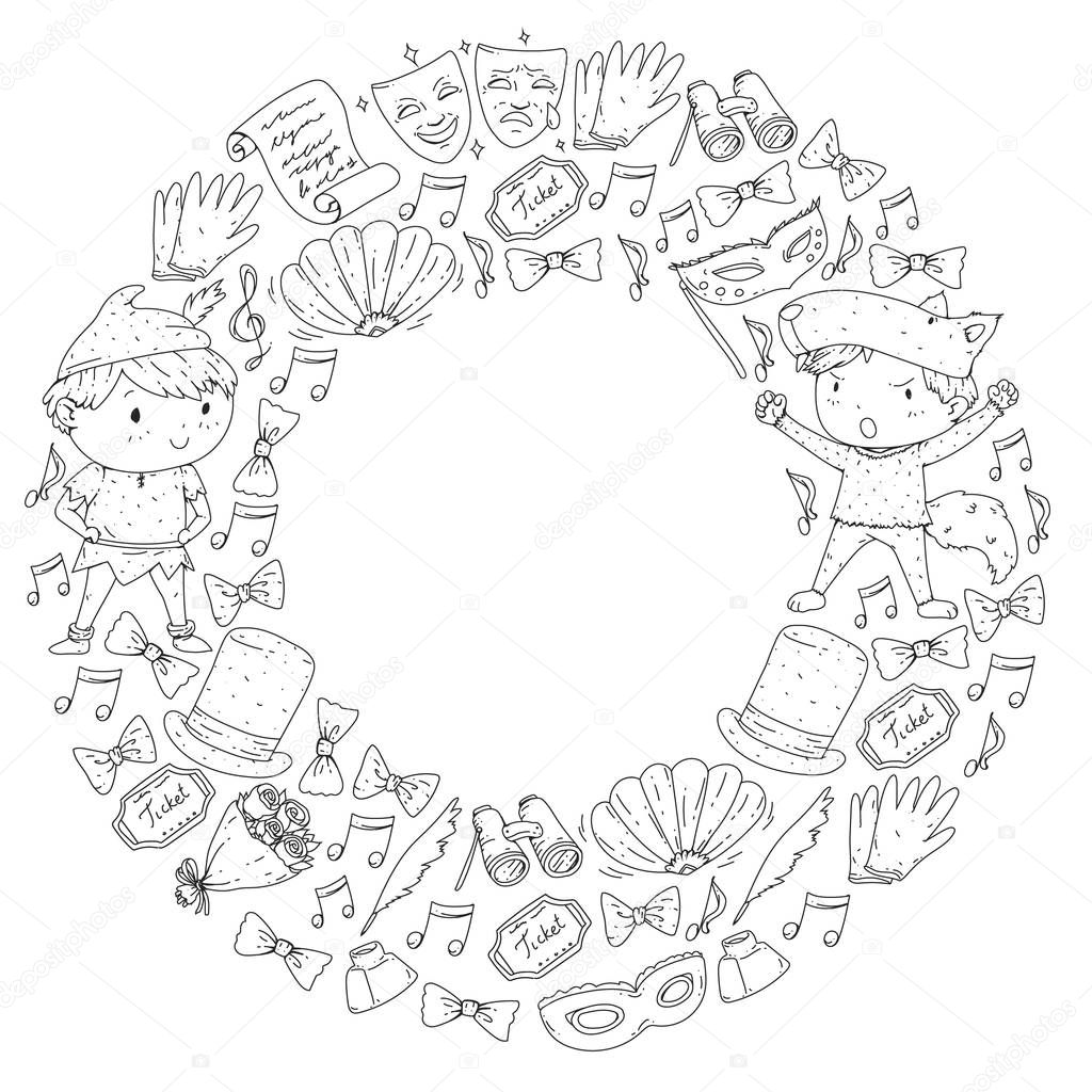 Illustration of a Childrens Performing on Stage. Theatre with kids. Coloring page.